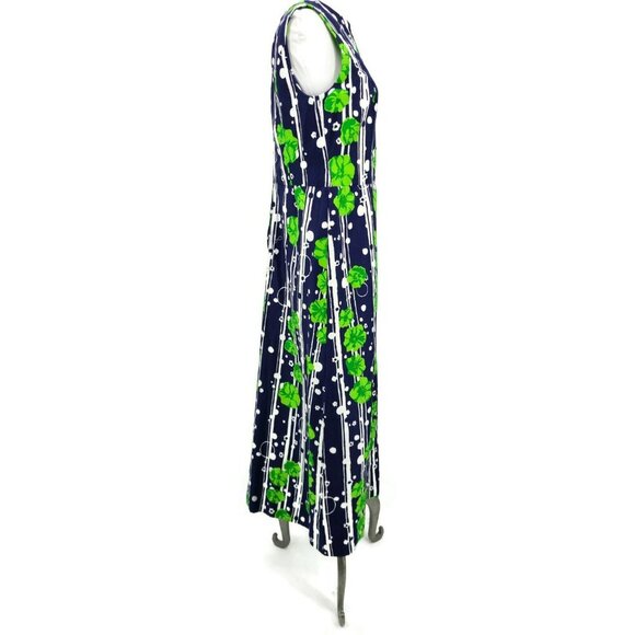 Vintage 60s Gregg Draddy Maxi Dress Womens 10/12? Navy Blue Green Floral - Picture 3 of 6